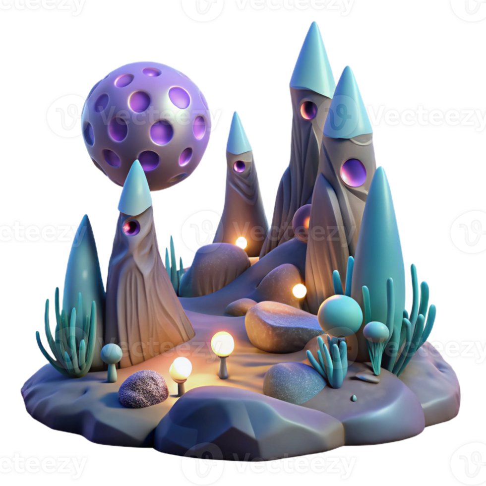 beautiful traditional An alien landscape with strange, glowing flora and towering rock formations, illuminated by the light of multiple moons. Surreal, otherworldly style authentic png