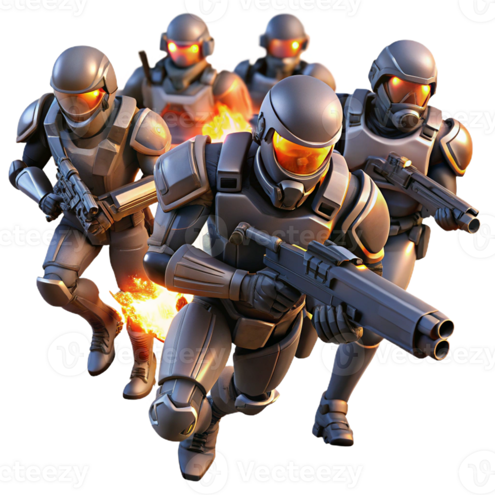 dramatic contemporary A group of futuristic soldiers in power armor, charging into battle, illuminated by muzzle flashes and explosions. Dynamic, action-packed style detailed png