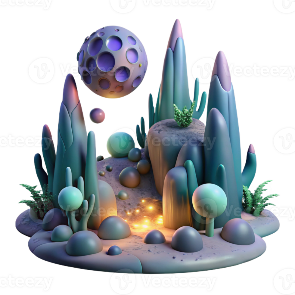 stunning modern An alien landscape with strange, glowing flora and towering rock formations, illuminated by the light of multiple moons. Surreal, otherworldly style authentic png