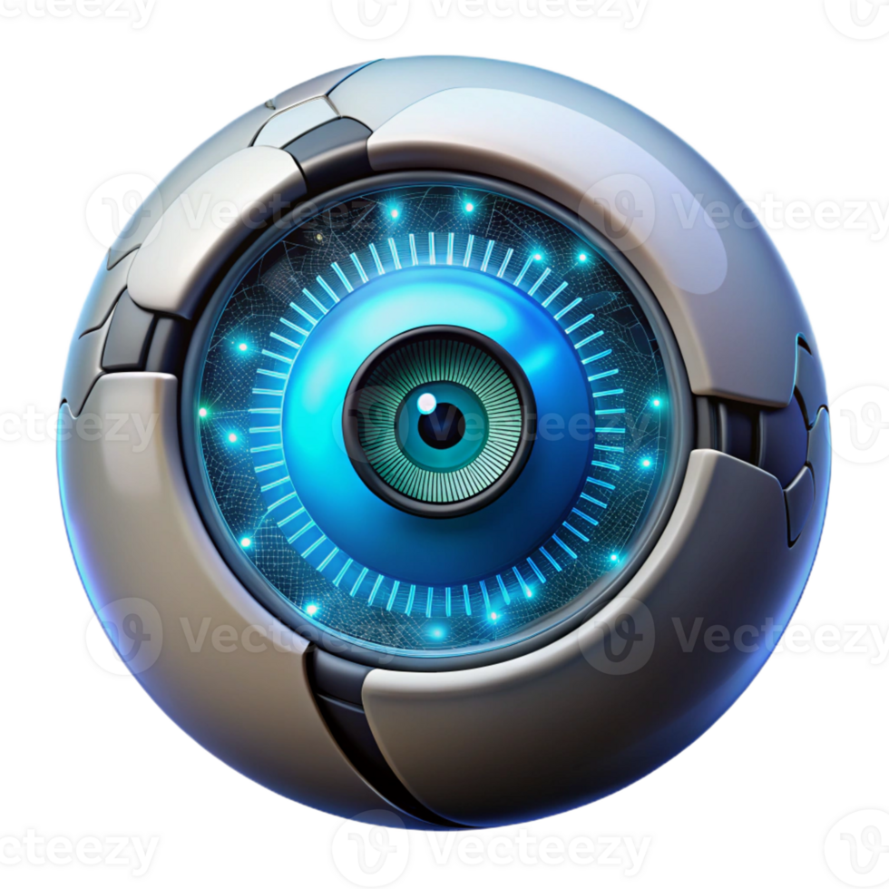 magnificent artistic A close-up of a cyborg eye, intricate details and glowing circuitry, illuminated by a single, bright light source. Biomechanical style 4K png