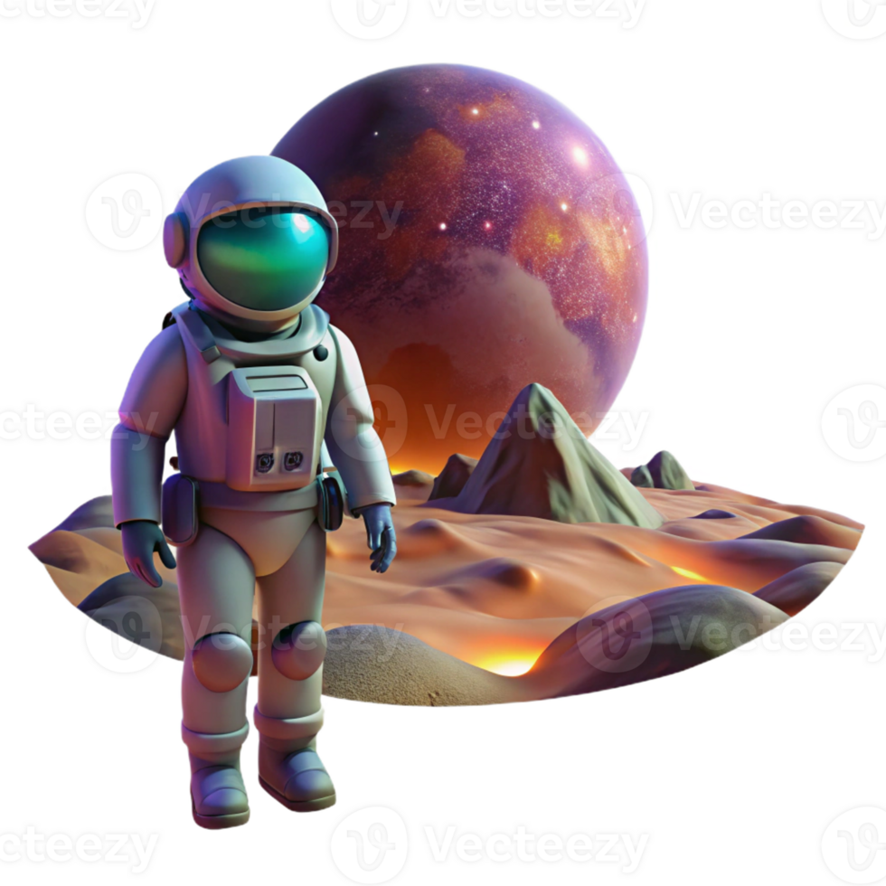 magnificent creative A lone astronaut exploring a desolate, alien planet, illuminated by the eerie glow of a nearby nebula. Matte painting style exclusive png