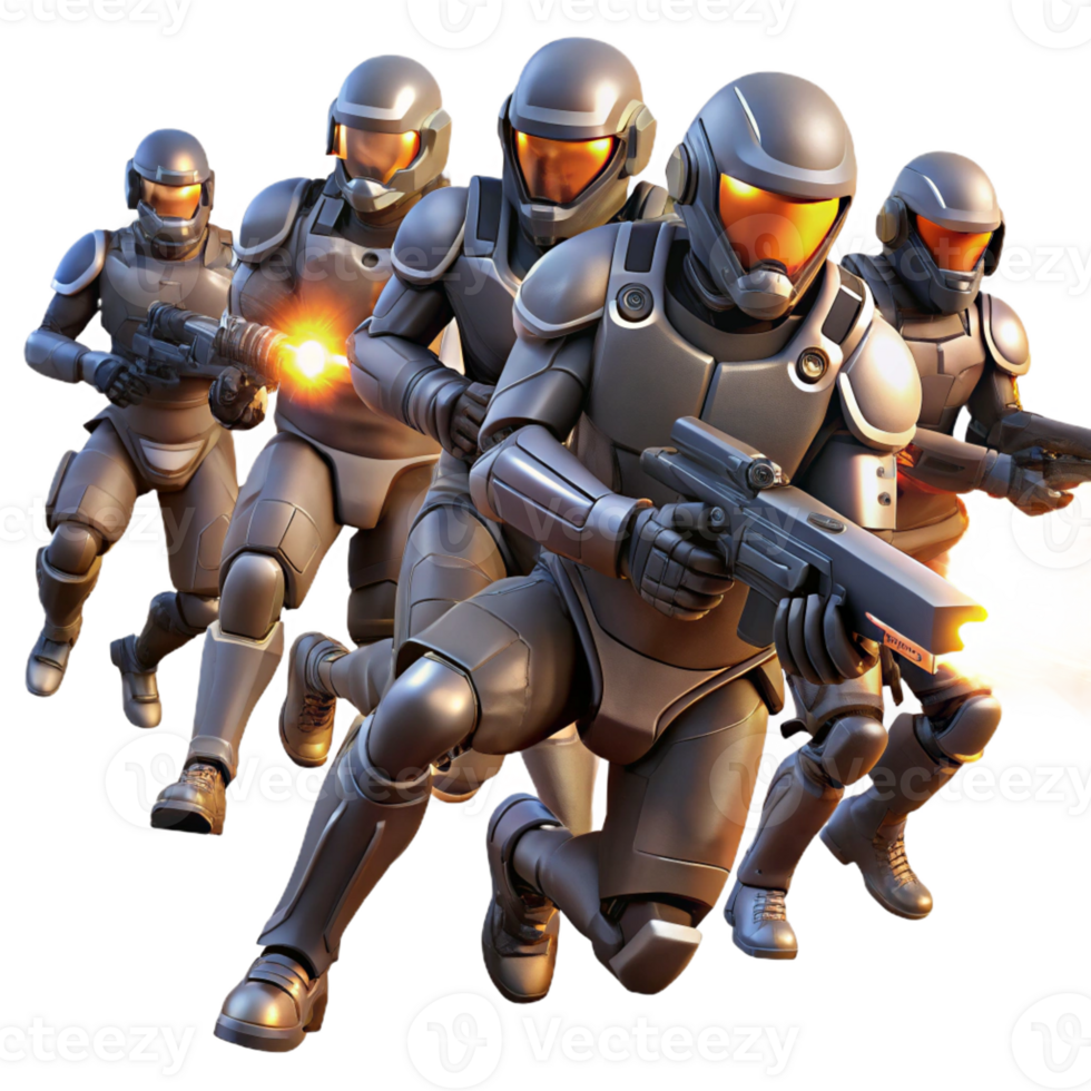 beautiful modern A group of futuristic soldiers in power armor, charging into battle, illuminated by muzzle flashes and explosions. Dynamic, action-packed style exclusive png