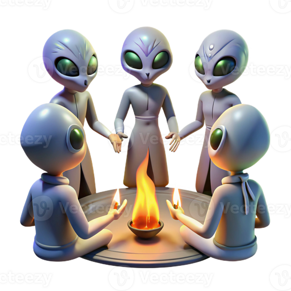 impressive creative A group of aliens engaged in a ritualistic ceremony, illuminated by the flickering light of a sacred fire. Spiritual, mystical style high resolution png