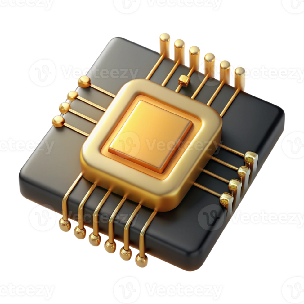 stunning vintage A single microchip, magnified to reveal its complex architecture, golden circuits etched onto a dark silicon surface, lit by a scanning electron microscope, scientific style 4K png