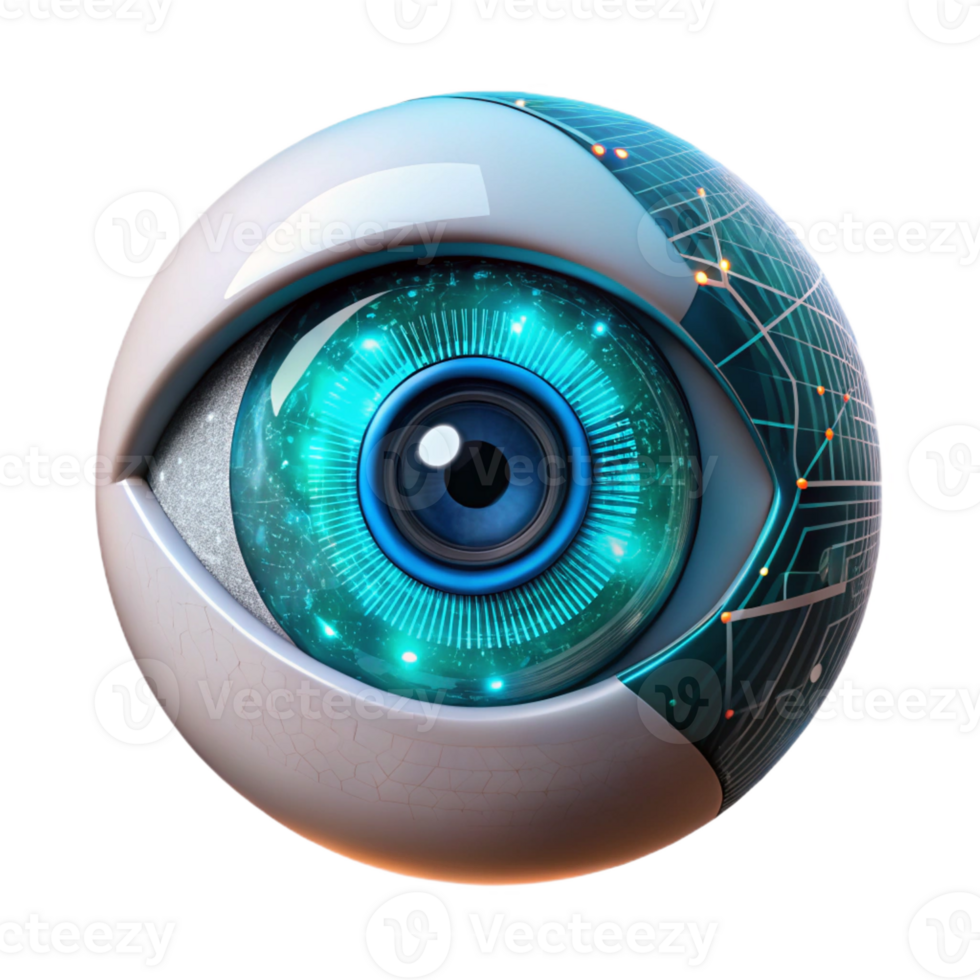 vibrant contemporary A human eye, zoomed in to reveal intricate details of the iris, overlaid with a complex HUD display of data streams and binary code, futuristic style, neon lighting original png