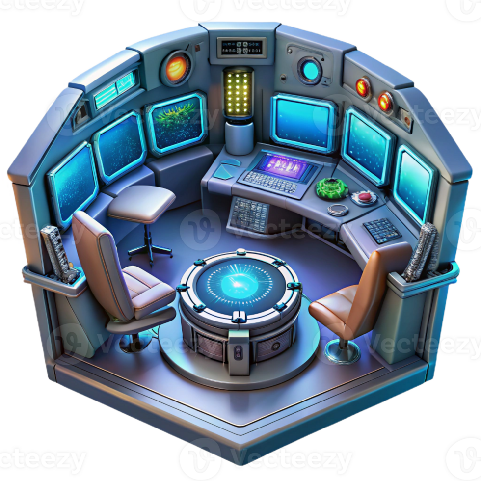 magnificent classic A highly detailed, futuristic spaceship interior, with glowing control panels and holographic displays. Realistic rendering genuine png