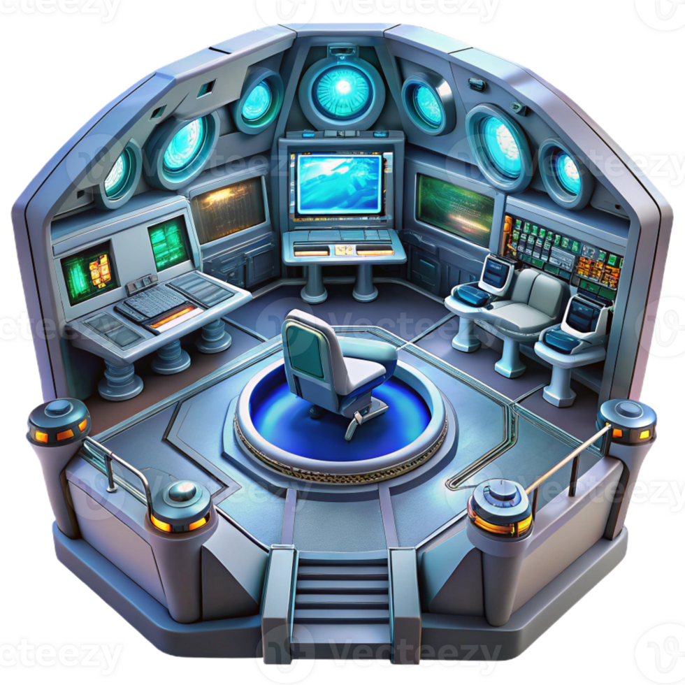 dramatic creative A highly detailed, futuristic spaceship interior, with glowing control panels and holographic displays. Realistic rendering authentic png