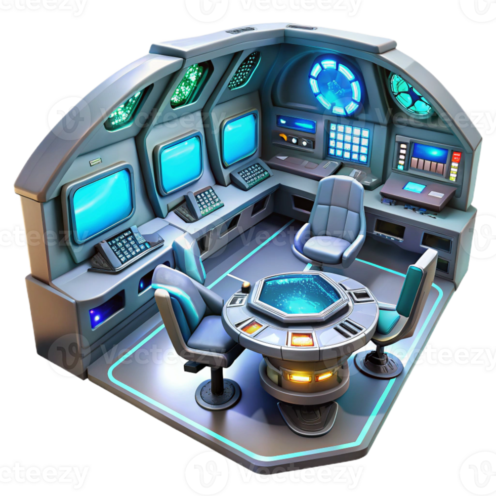 dramatic vintage A highly detailed, futuristic spaceship interior, with glowing control panels and holographic displays. Realistic rendering detailed png