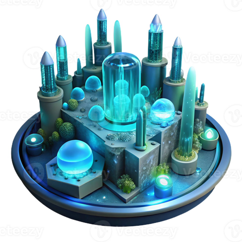 vibrant creative A futuristic, underwater city, illuminated by bioluminescent organisms and artificial lights. Submerged, atmospheric style high resolution png
