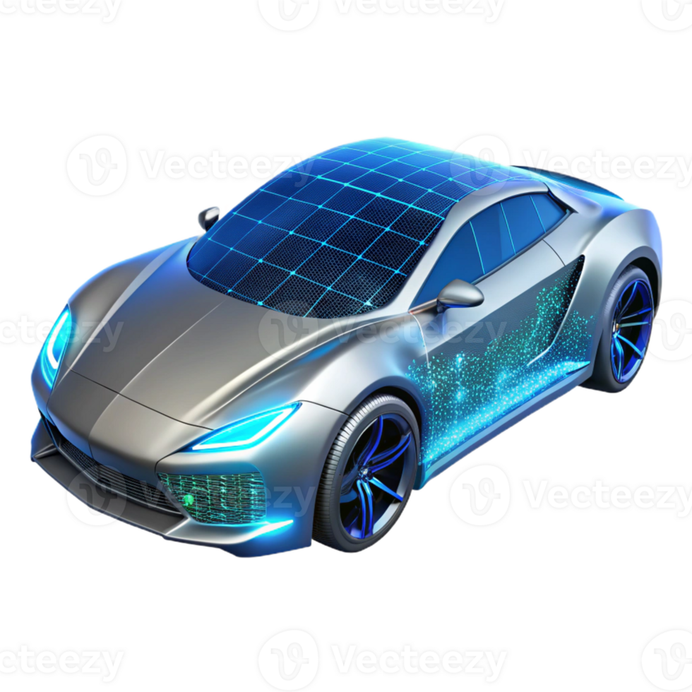 beautiful creative A futuristic electric car, sleek silver body with glowing blue accents, speeding through a digital landscape of binary code, cyberpunk style, neon lighting premium png