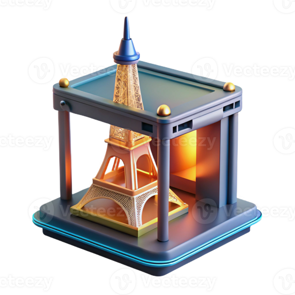 vibrant artistic A 3D printer, creating a miniature replica of the Eiffel Tower out of glowing filament, industrial design style, soft lighting high resolution png