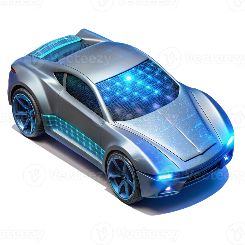 beautiful minimalist A futuristic electric car, sleek silver body with glowing blue accents, speeding through a digital landscape of binary code, cyberpunk style, neon lighting 4K png