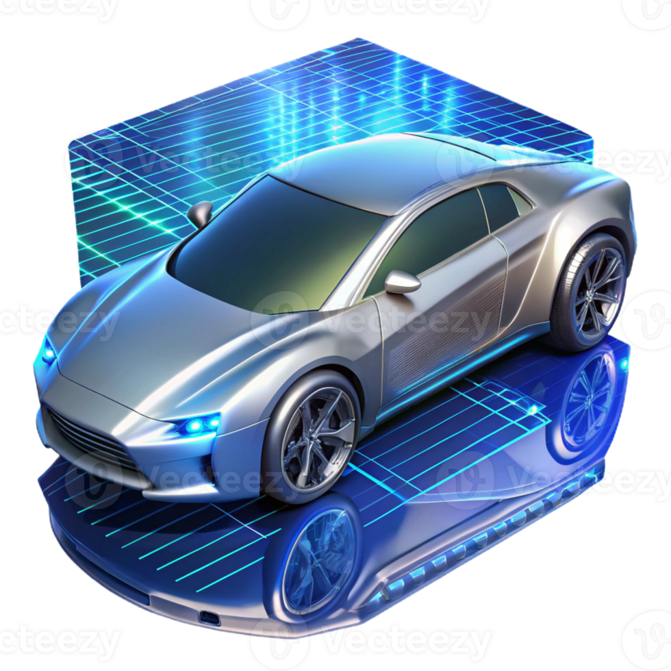 vibrant traditional A futuristic electric car, sleek silver body with glowing blue accents, speeding through a digital landscape of binary code, cyberpunk style, neon lighting genuine png