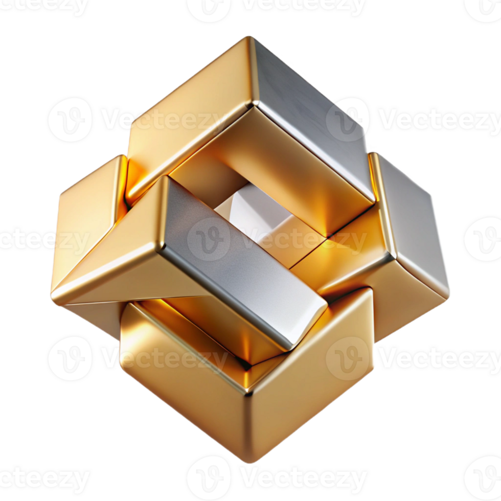 impressive creative Interlocking geometric shapes of brushed aluminum and polished gold, illuminated by a sharp, directional light source, in a minimalist style exclusive png