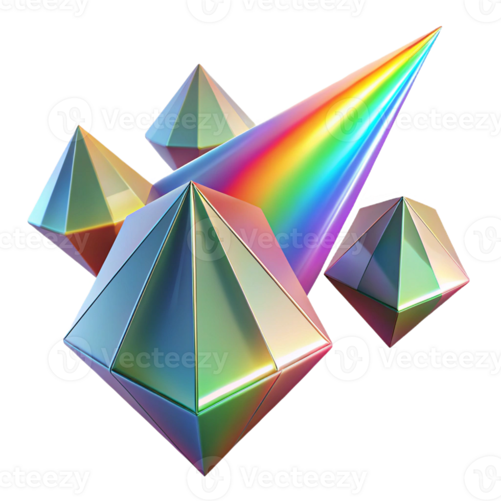 dramatic classic A field of floating, geometric prisms, refracting and dispersing light into a rainbow spectrum, in a vibrant, optical art style professional png