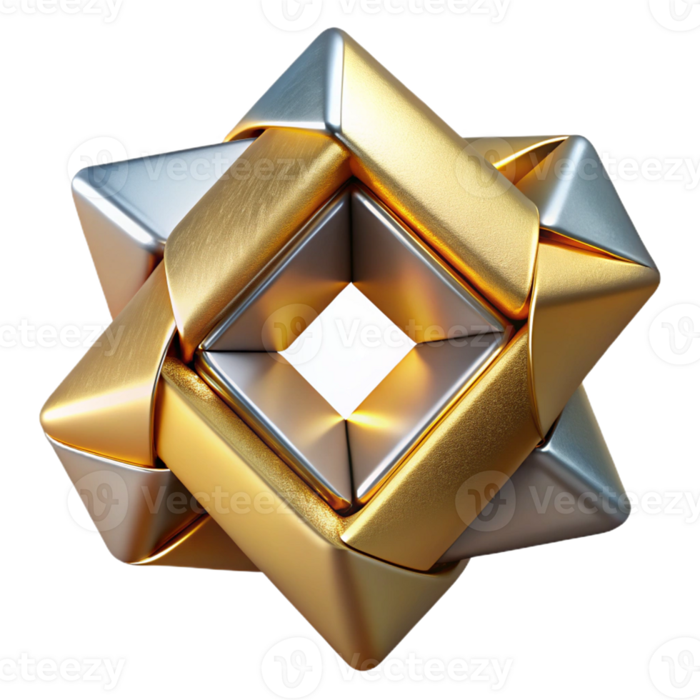 serene artistic Interlocking geometric shapes of brushed aluminum and polished gold, illuminated by a sharp, directional light source, in a minimalist style genuine png