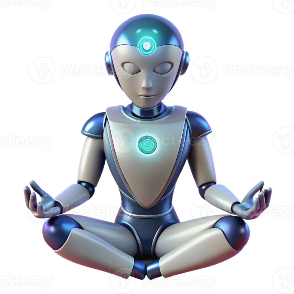 impressive rustic A humanoid robot meditating in a lotus position, energy flowing through its circuits, soft, ambient lighting, serene and peaceful, exclusive png