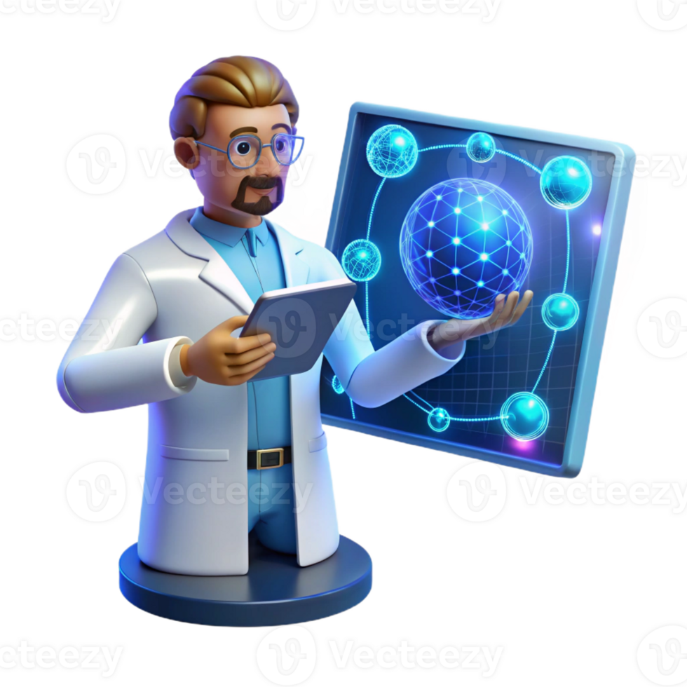 extraordinary classic A scientist working on a holographic interface, complex data streams flowing across the screen, cool blue lighting, futuristic and technological, authentic png