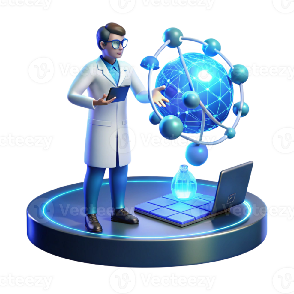 wonderful abstract A scientist working on a holographic interface, complex data streams flowing across the screen, cool blue lighting, futuristic and technological, genuine png