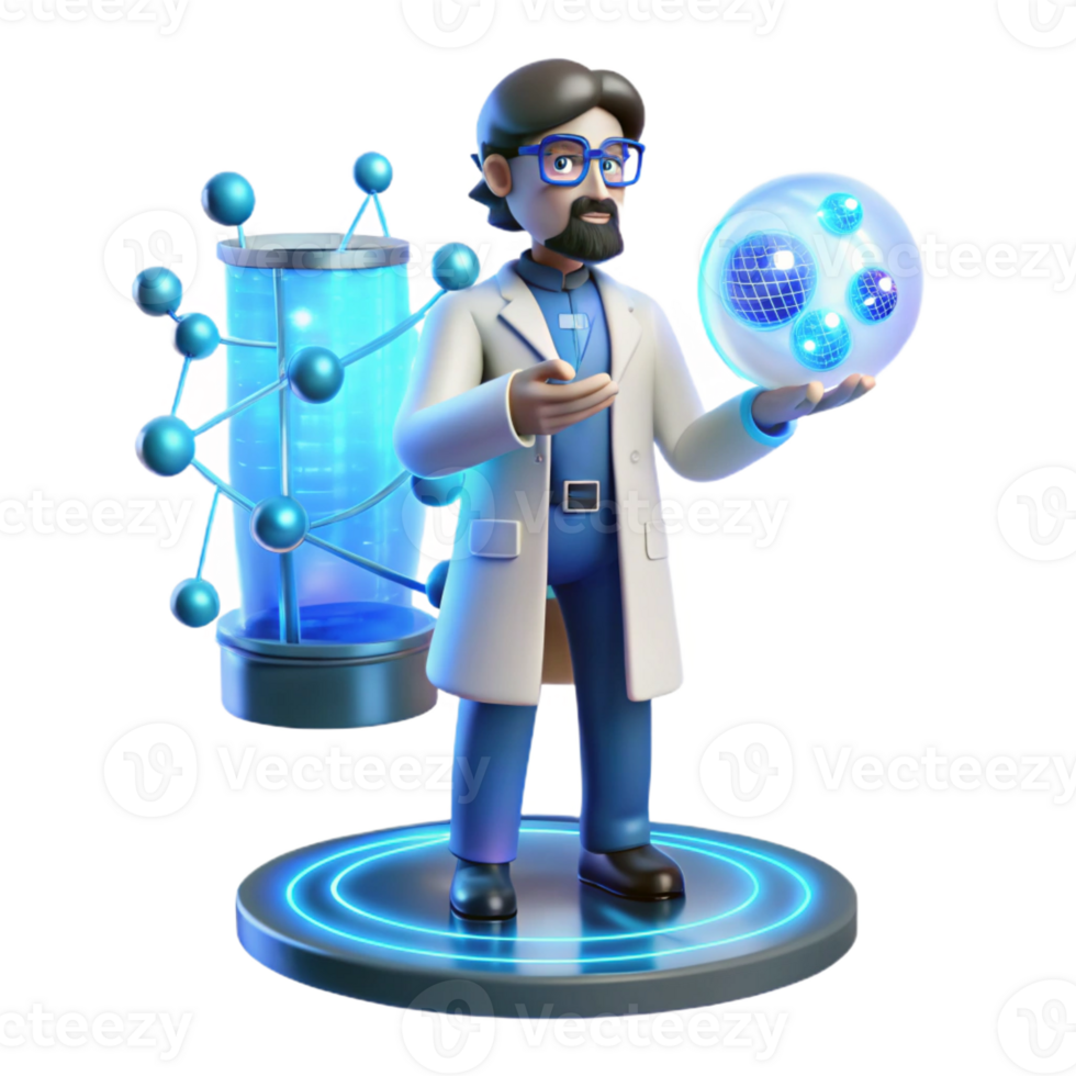 stunning minimalist A scientist working on a holographic interface, complex data streams flowing across the screen, cool blue lighting, futuristic and technological, professional png