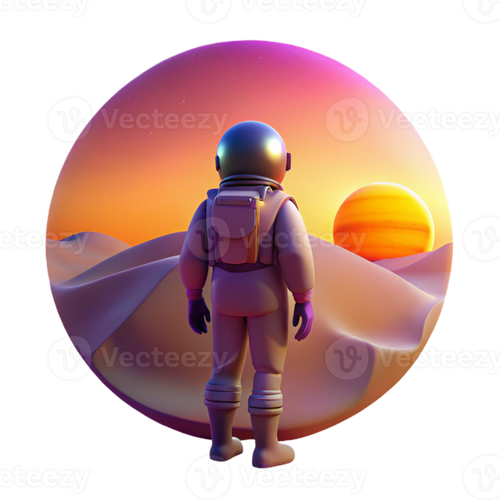 extraordinary contemporary A lone figure in a spacesuit gazing at a binary sunset on an alien planet, warm orange and purple hues, melancholic and atmospheric, high quality png