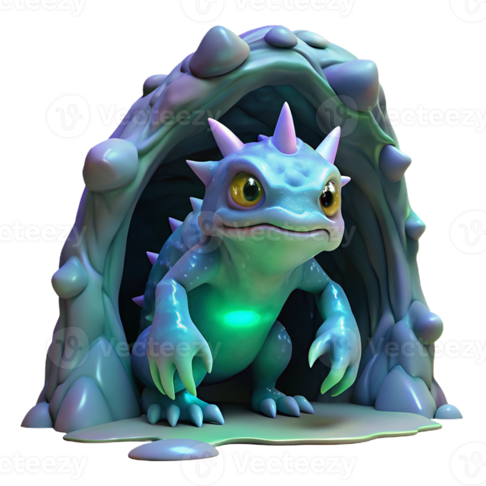 beautiful modern A genetically modified creature with iridescent scales and bioluminescent markings, lurking in a dark cave, ominous lighting, surreal and fantastical, premium png