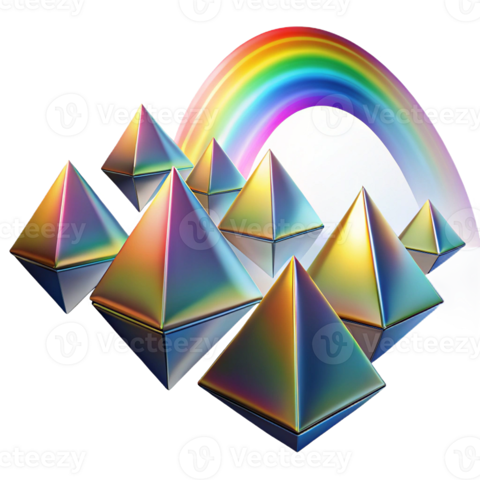 stunning classic A field of floating, geometric pyramids, refracting and dispersing light into a rainbow spectrum, in a vibrant, optical art style high quality png