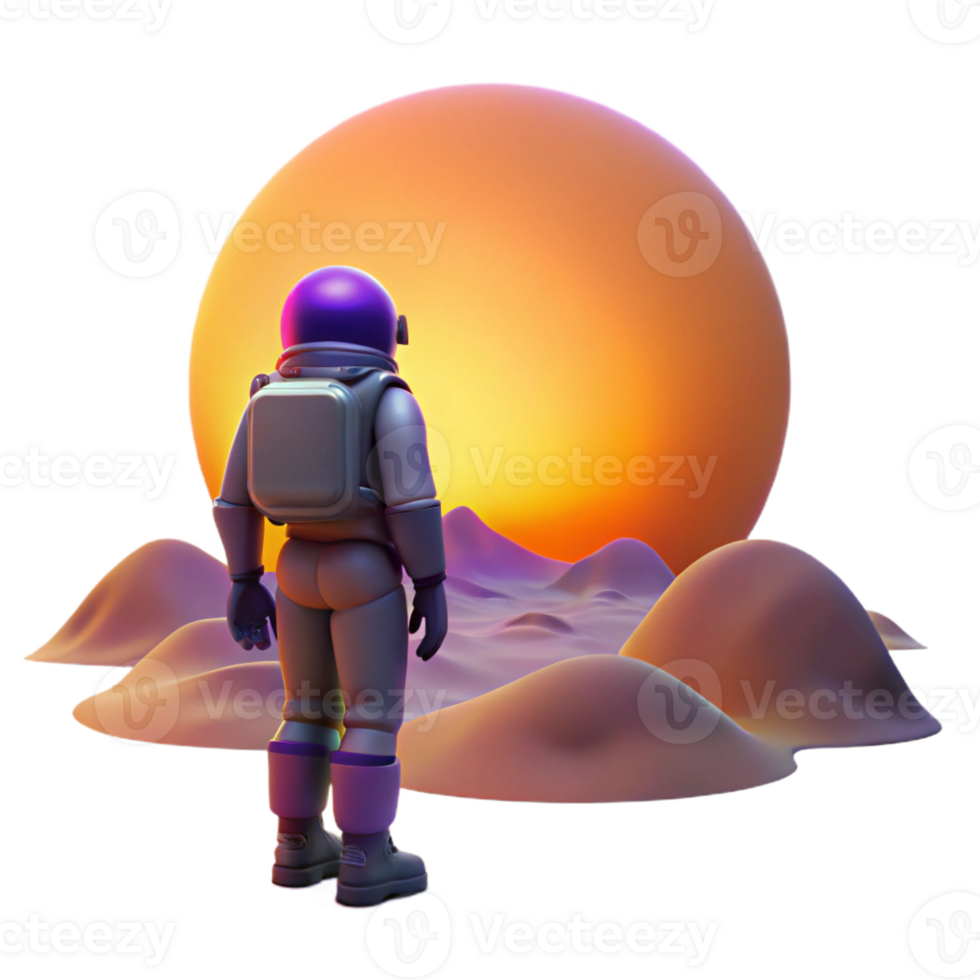 impressive modern A lone figure in a spacesuit gazing at a binary sunset on an alien planet, warm orange and purple hues, melancholic and atmospheric, high resolution png