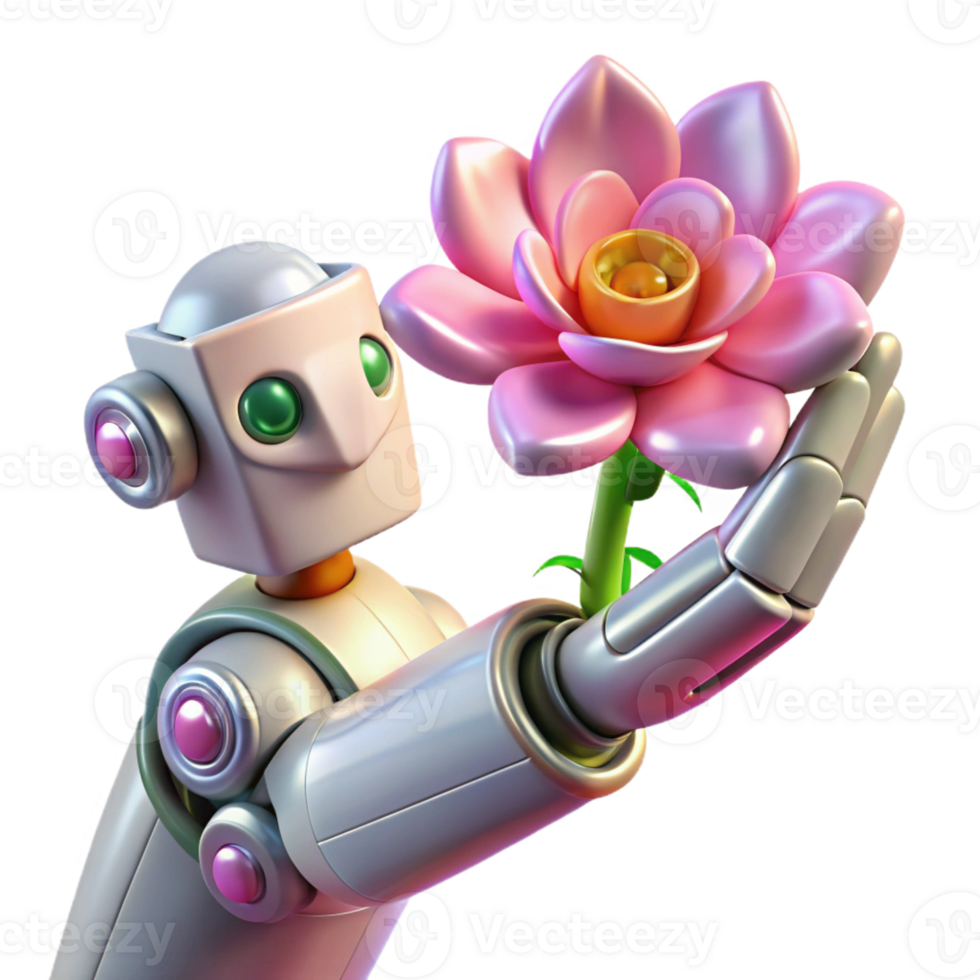 magnificent modern A robotic arm holding a delicate flower, intricate details and textures, soft lighting, contrasting and thought-provoking, 4K png