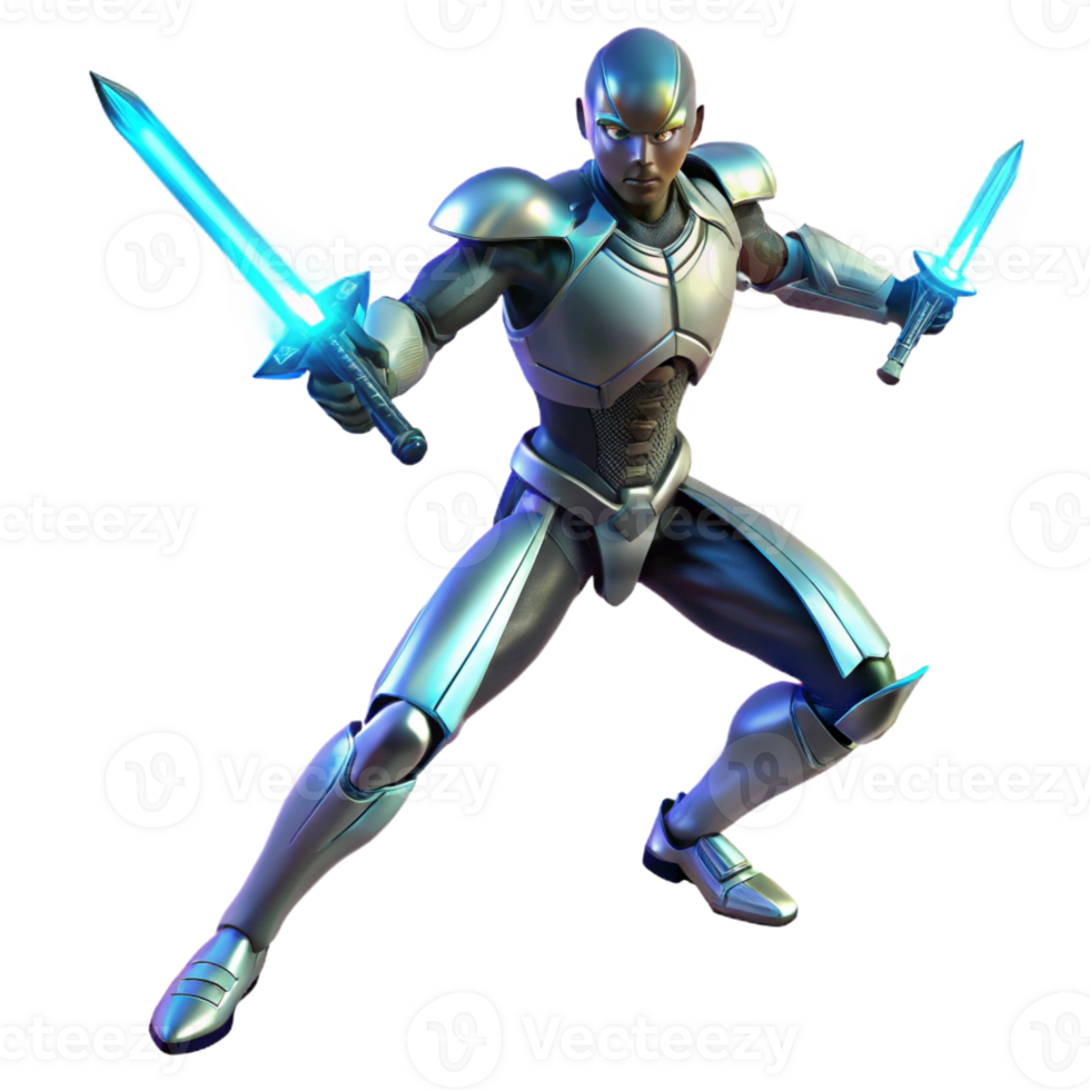 wonderful traditional A cyborg with glowing energy blades, ready for battle, dynamic pose, dramatic lighting, original png