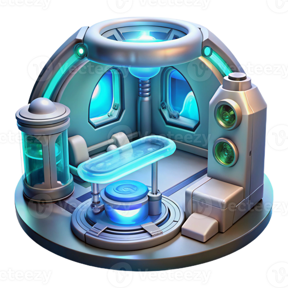 vibrant rustic A futuristic medical bay with holographic displays and advanced technology, sterile and clean, bright lighting, high quality png