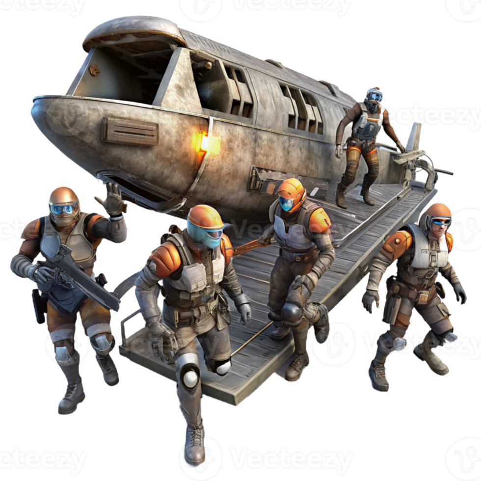 dramatic modern A group of space pirates boarding a derelict spaceship, dynamic action scene, dramatic lighting, gritty and realistic, original png