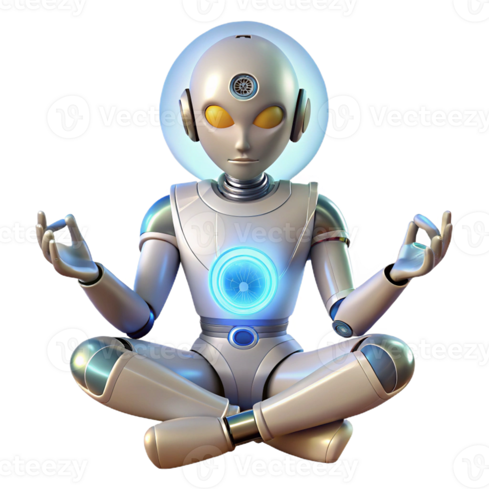 vibrant contemporary A humanoid robot meditating in a lotus position, energy flowing through its circuits, soft, ambient lighting, serene and peaceful, professional png