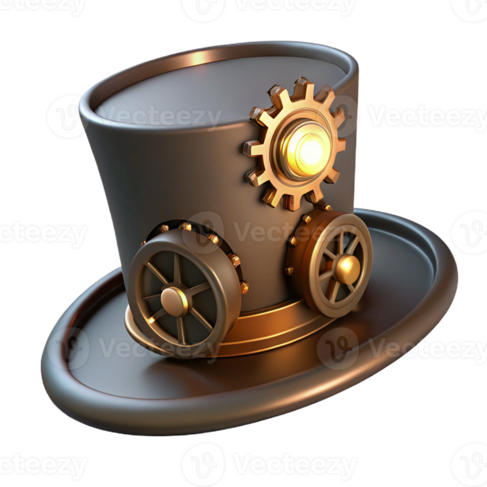 magnificent abstract A steampunk top hat with gears and cogs adorning the brim, lit by a single spotlight. Dark, moody lighting. Steampunk art style professional png