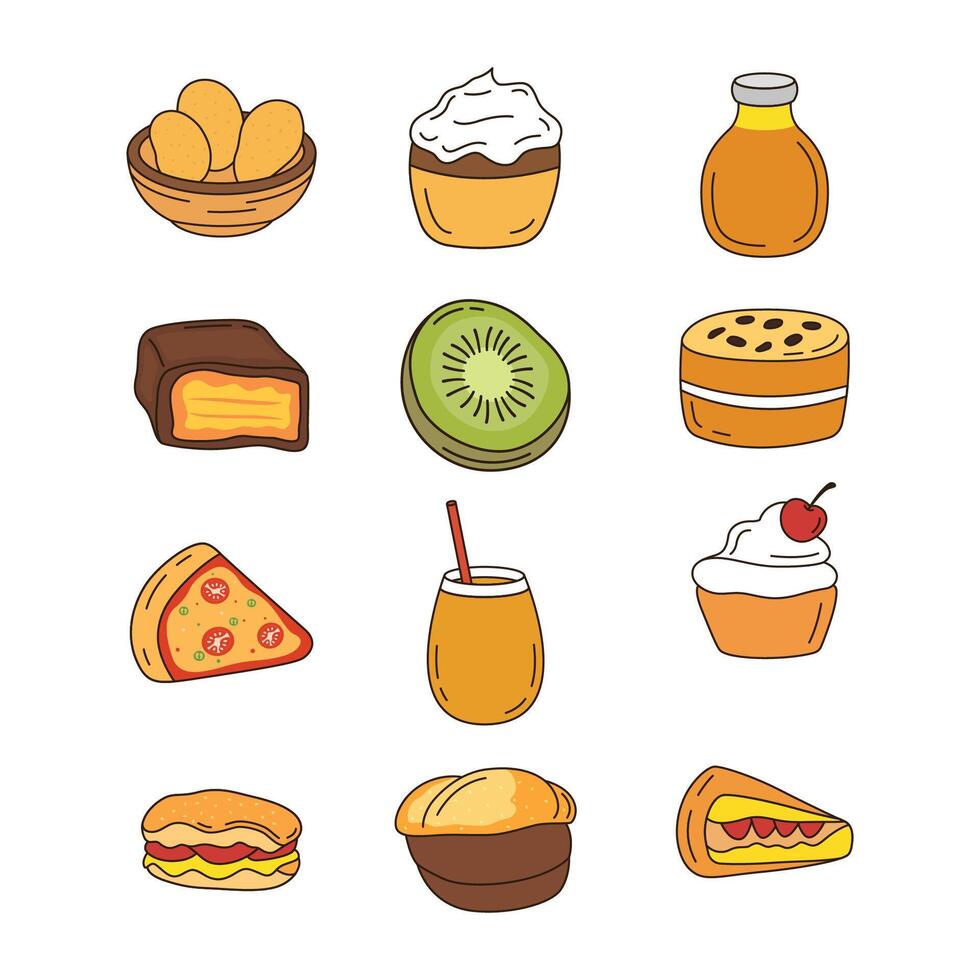 PrinIcon Set of Fast Food Burger Cupcake Cake Dessert Bread and Drink Beverage Refreshment vector