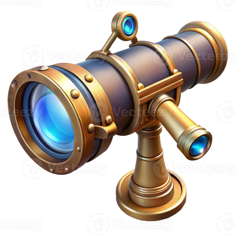 wonderful classic A steampunk telescope with intricate brass detailing and a magnifying lens, pointing towards a distant star, cool, blue lighting. Steampunk art style professional png