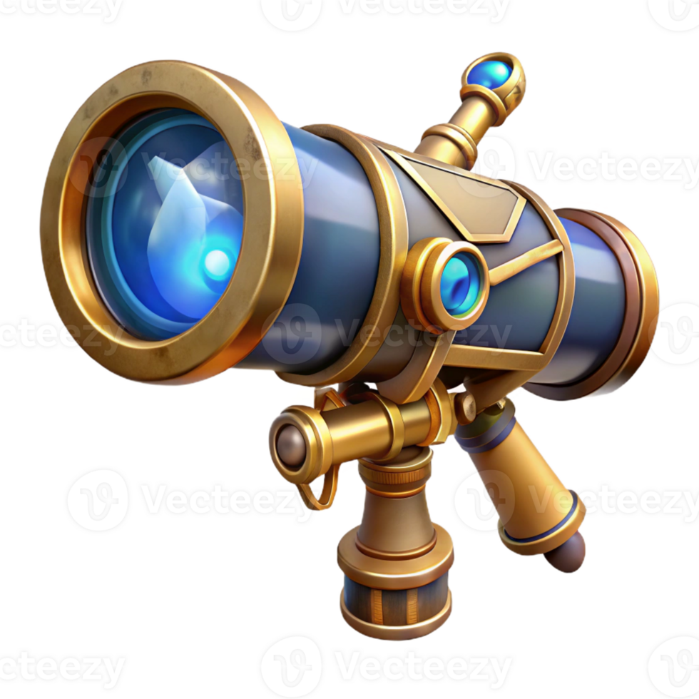 serene creative A steampunk telescope with intricate brass detailing and a magnifying lens, pointing towards a distant star, cool, blue lighting. Steampunk art style premium png