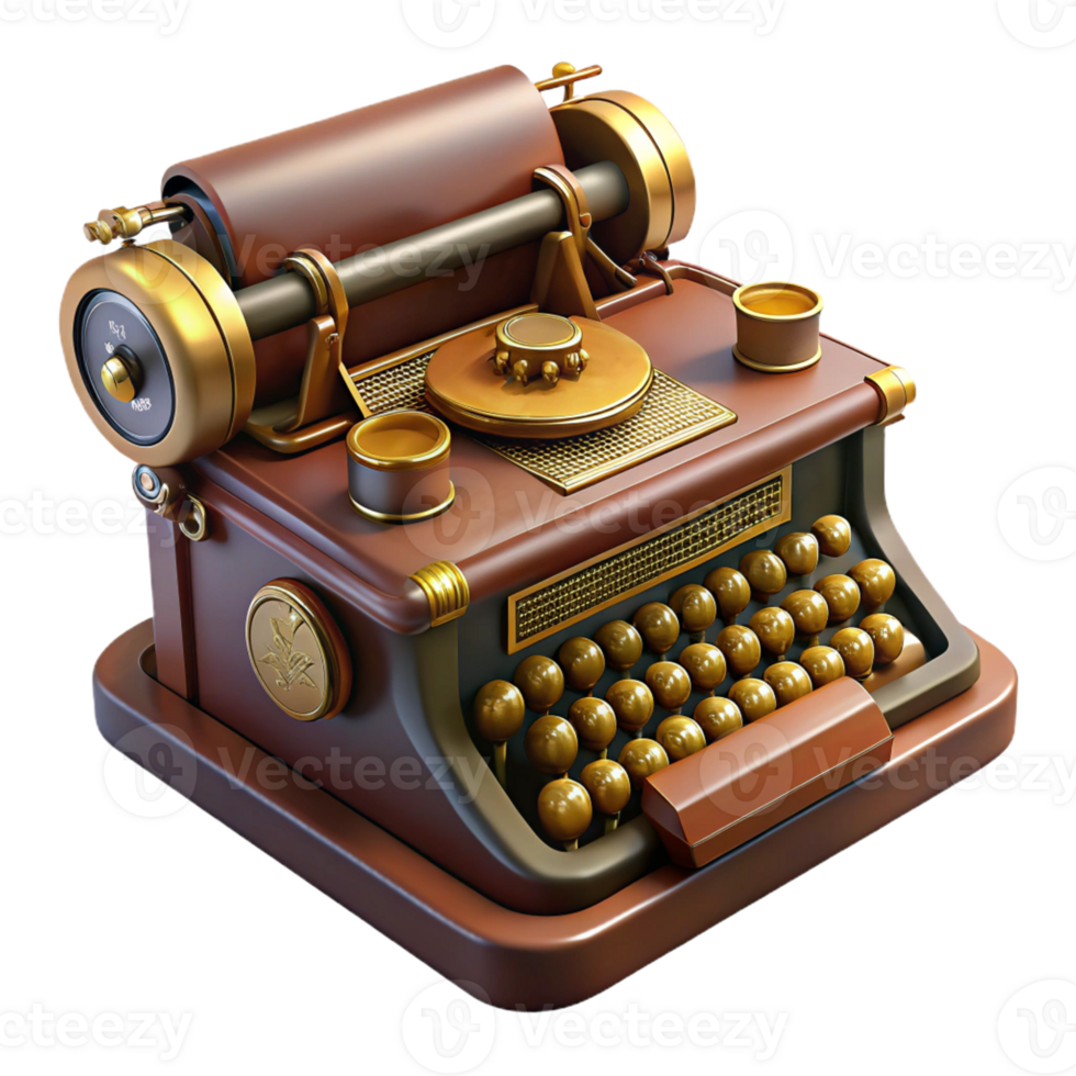 extraordinary minimalist A steampunk typewriter with brass keys and a leather cover, typing a mysterious message, warm, sepia-toned lighting. Steampunk art style 4K png