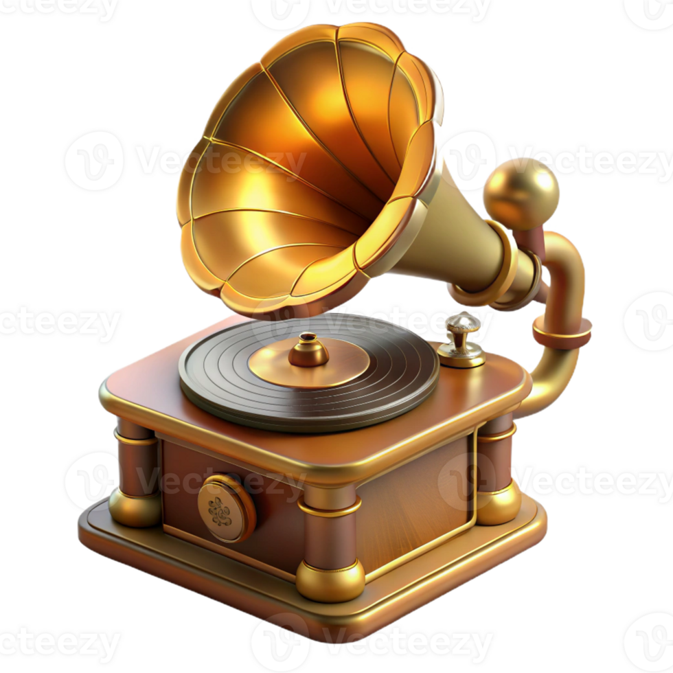 impressive artistic A steampunk gramophone with a brass horn and a spinning vinyl record, playing a melancholic melody, warm, golden lighting. Steampunk art style 4K png