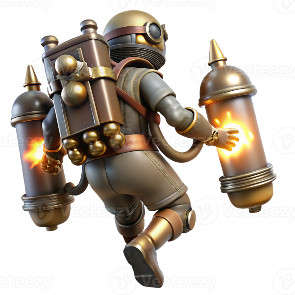 dramatic vintage A steampunk jetpack with brass nozzles and glowing vacuum tubes, propelling a figure into the air, dramatic lighting. Steampunk art style professional png