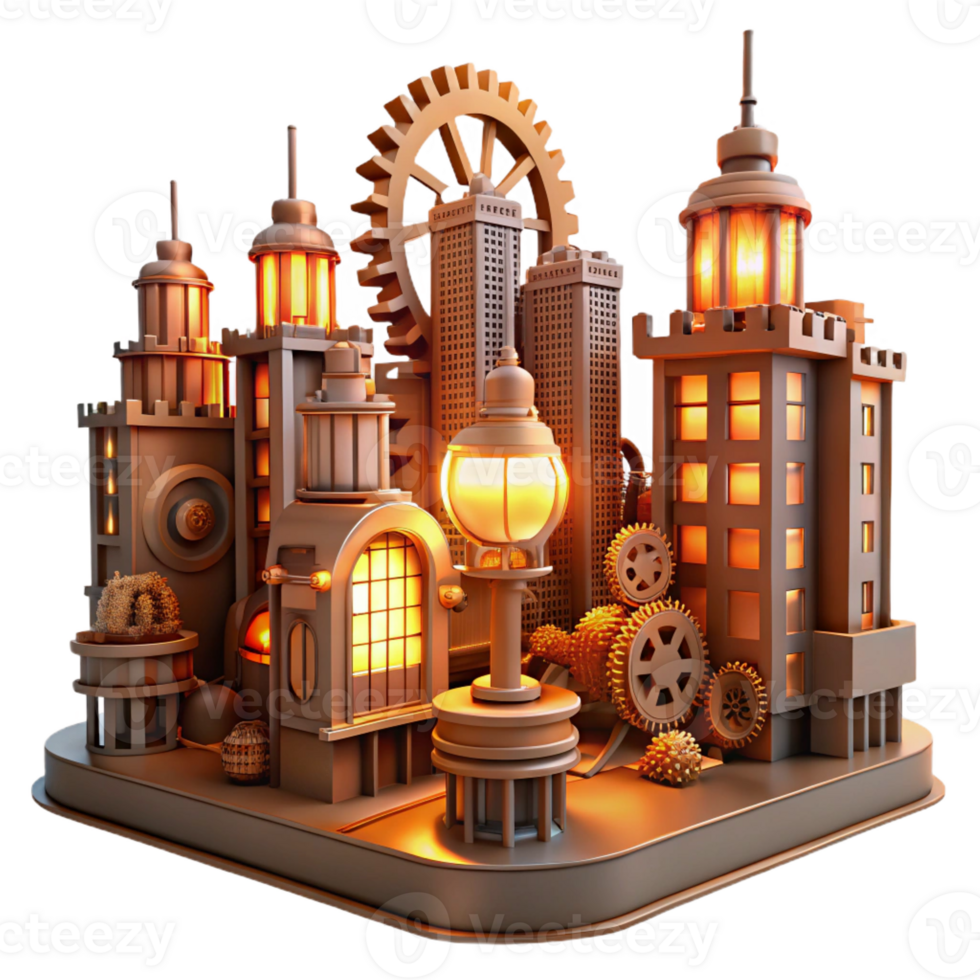 serene artistic A steampunk cityscape with towering buildings made of gears and cogs, illuminated by glowing streetlights, warm, orange lighting. Steampunk art style 4K png