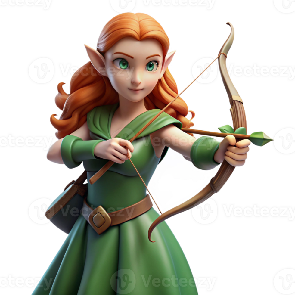 serene vintage A graceful elf maiden with long, flowing auburn hair and emerald green eyes, holding a bow and arrow, poised to shoot. Soft, ethereal lighting. Pre-Raphaelite style professional png