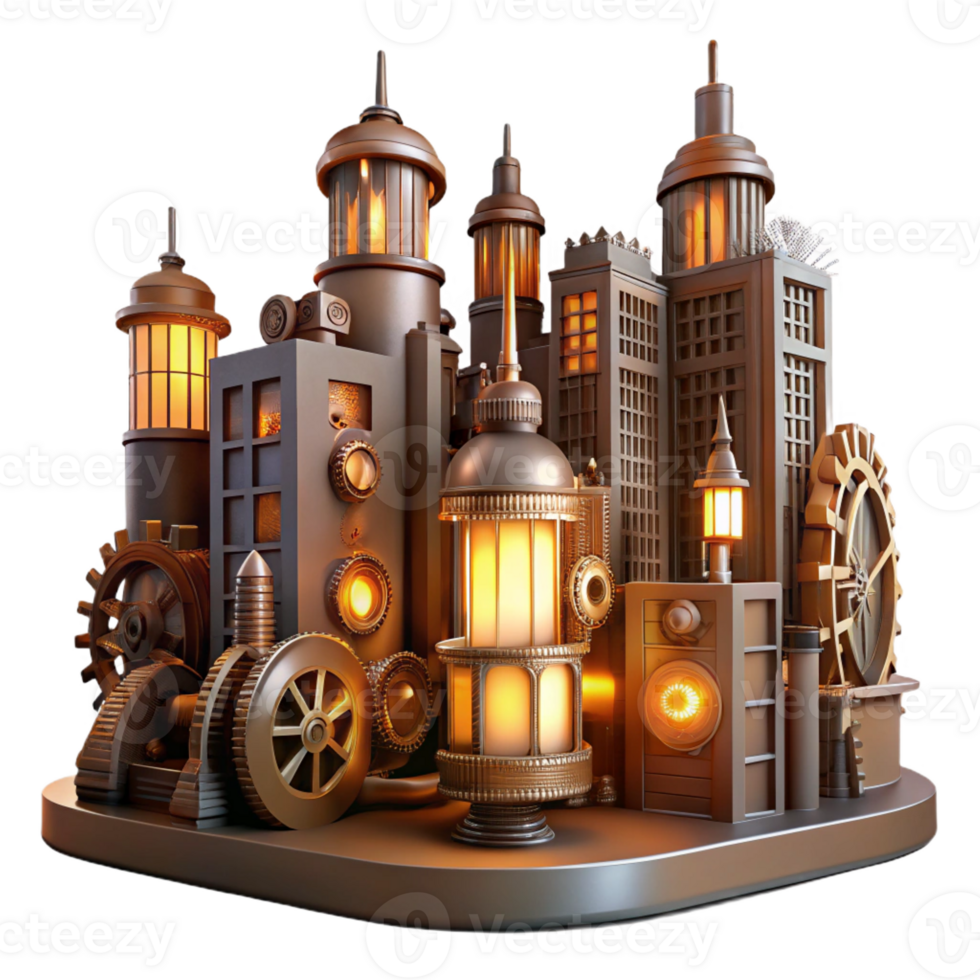 stunning creative A steampunk cityscape with towering buildings made of gears and cogs, illuminated by glowing streetlights, warm, orange lighting. Steampunk art style genuine png