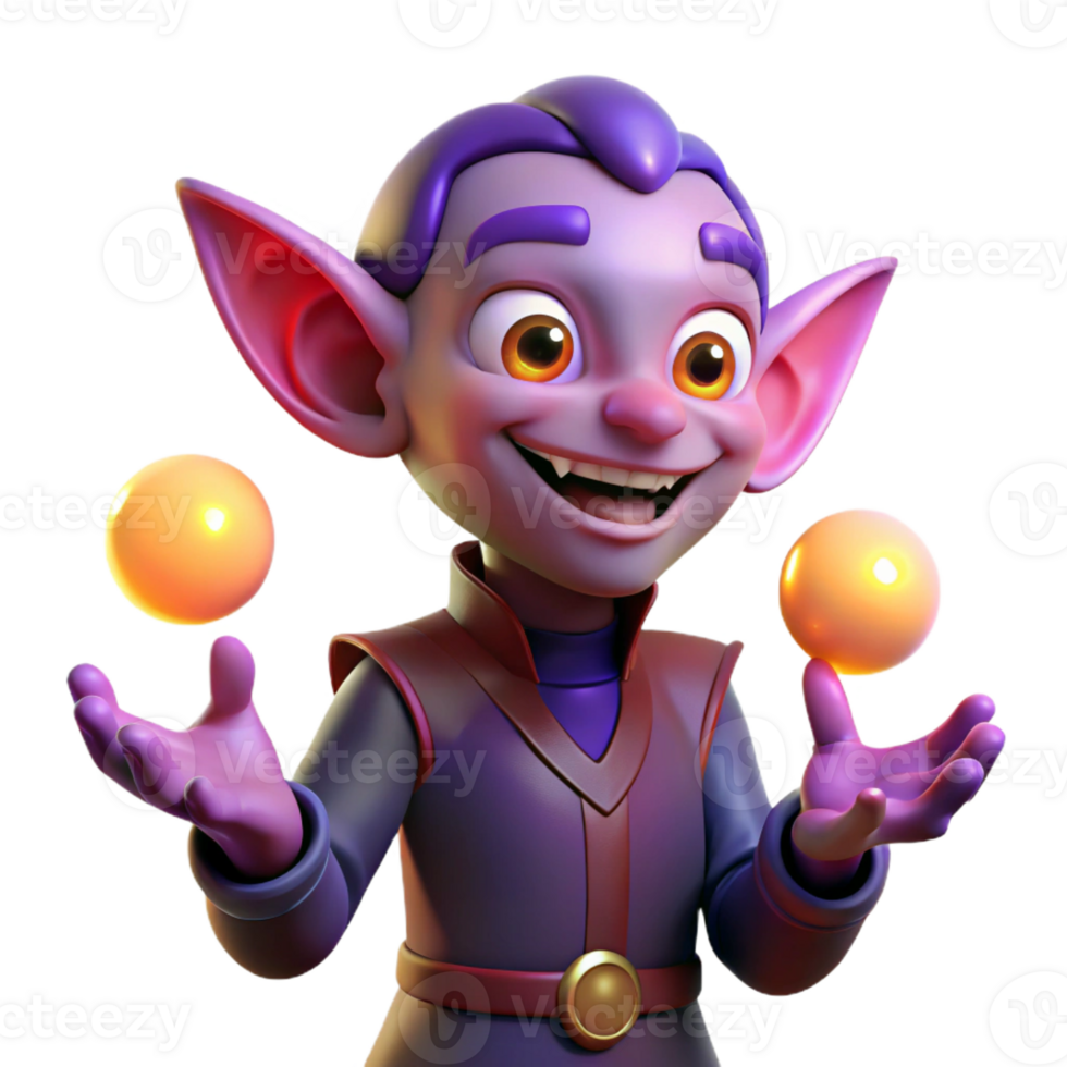 stunning creative A mischievous imp with pointed ears and a wicked grin, juggling glowing orbs of energy. Vibrant, neon lighting. Cartoon style exclusive png