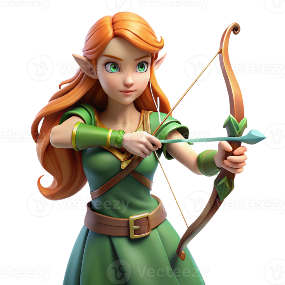 magnificent contemporary A graceful elf maiden with long, flowing auburn hair and emerald green eyes, holding a bow and arrow, poised to shoot. Soft, ethereal lighting. Pre-Raphaelite style exclusive png