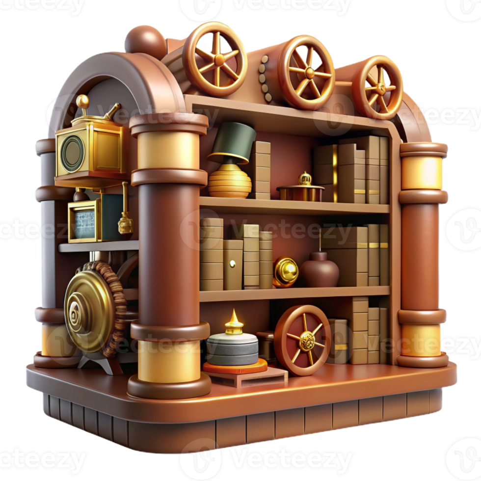 serene abstract A steampunk library with shelves filled with leather-bound books and intricate clockwork devices, warm, inviting lighting. Steampunk art style high resolution png