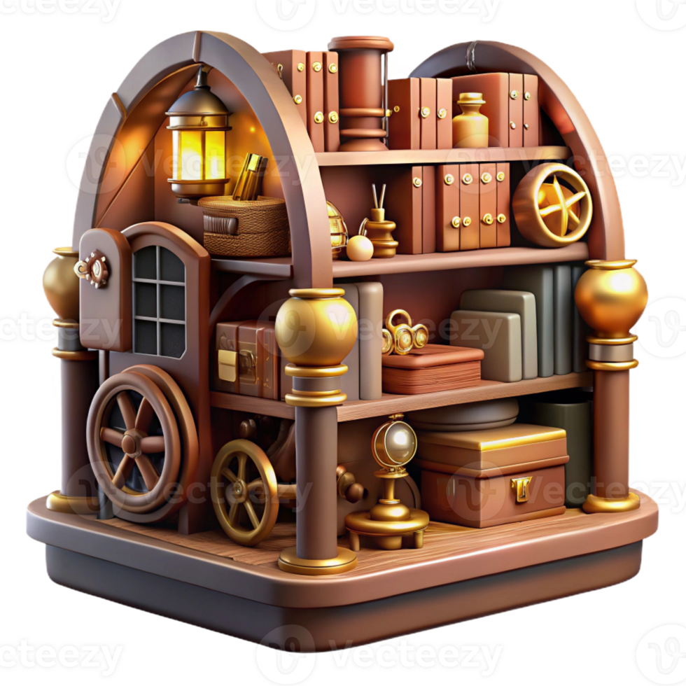 beautiful rustic A steampunk library with shelves filled with leather-bound books and intricate clockwork devices, warm, inviting lighting. Steampunk art style 4K png