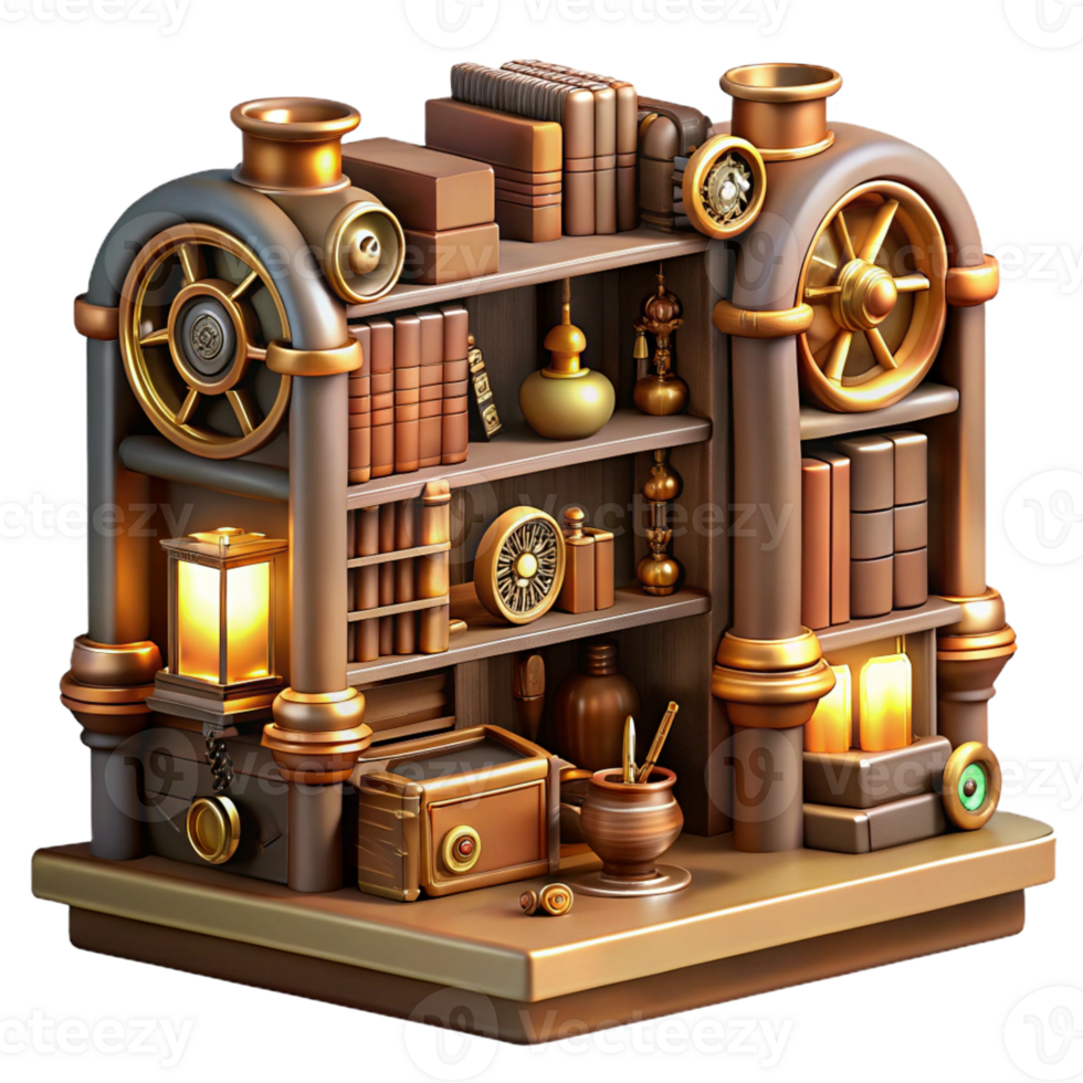 serene artistic A steampunk library with shelves filled with leather-bound books and intricate clockwork devices, warm, inviting lighting. Steampunk art style premium png