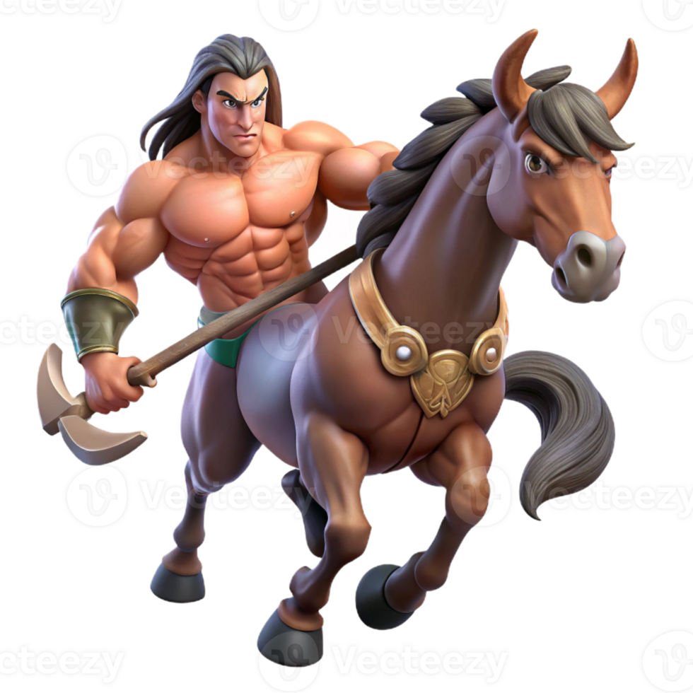 vibrant contemporary A powerful centaur with a muscular human torso and a horse's body, charges into battle, wielding a battleaxe. Dynamic, action-packed lighting. Heroic fantasy style high resolution png