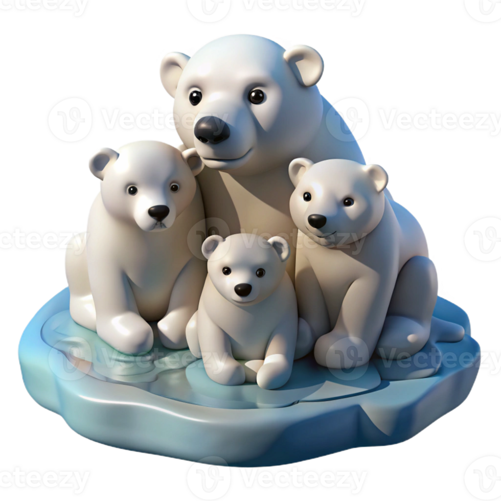 dramatic abstract A family of polar bears huddled together on a melting ice floe, soft, overcast lighting, melancholic mood, photorealistic style high quality png